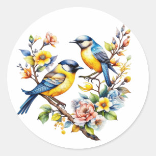 Sticker Rond Aquarelle Oiseaux et fleurs jaunes et bleus