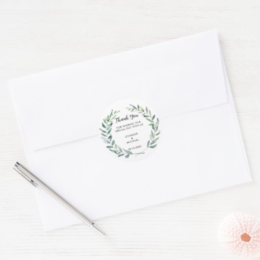 Sticker Rond Aquarelle olive feuille Mariage Merci Favoriser (Enveloppe)