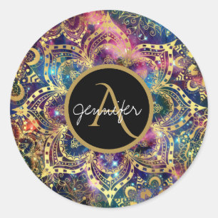 Sticker Rond Aquarelle or et mandala floral nébuleuse