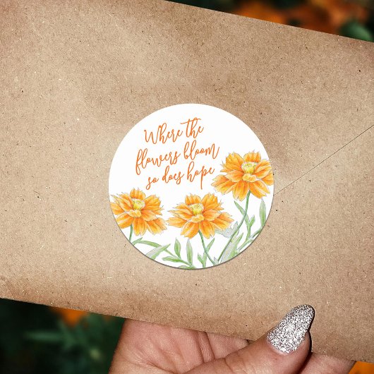Sticker Rond Aquarelle orange brûlée cosmos fleurs espoir citat