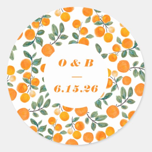 Sticker Rond Aquarelle Orange Citrus Monogramme Mariage (Devant)