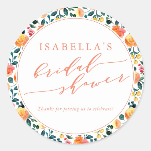 Sticker Rond Aquarelle orange rustique Fête des mariées florale (Devant)