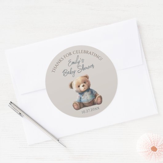 Sticker Rond Aquarelle Ours Baby shower Brown moderne (Enveloppe)