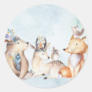 Sticker Rond Aquarelle Ours Bohème Animaux Rustiques Baby Showe