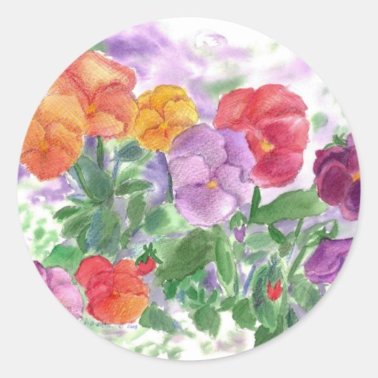 Sticker Rond Aquarelle Pansy Fleurs Arc-en-ciel Couleurs (Devant)