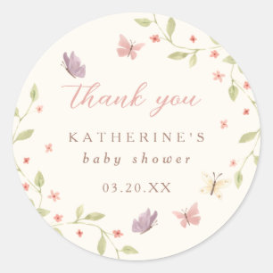 Sticker Rond Aquarelle Papillon Girl Baby shower Merci