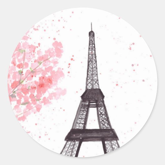 Sticker Rond Aquarelle Paris Eiffel Tour Cherry Blossom (Devant)