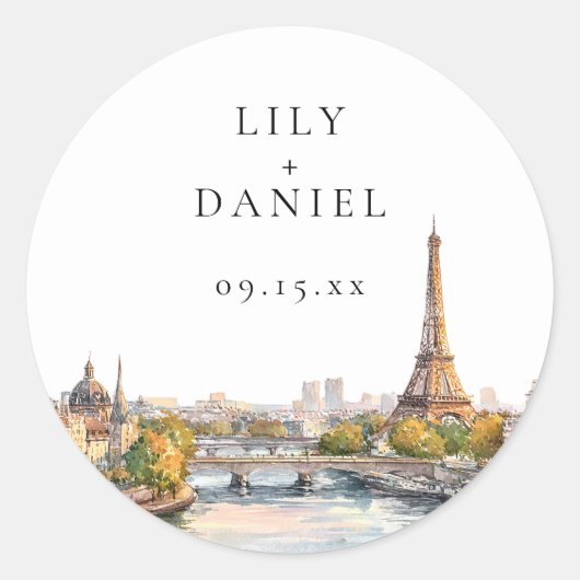 Sticker Rond Aquarelle Paris France Destination Mariage (Devant)