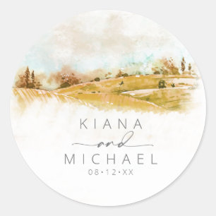 Sticker Rond Aquarelle Paysage Mariage Automne Gold ID786