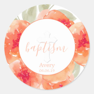Sticker Rond Aquarelle Peach Peonies Floral Baby Baptism