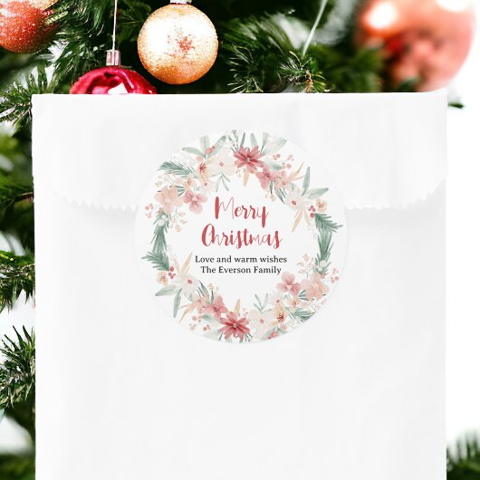Sticker Rond Aquarelle peinte à la main Joyeux Noël botanique