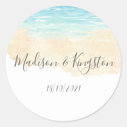 Sticker Rond Aquarelle Peinte à la main Plage mariage Faveurs (Devant)
