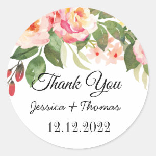 Sticker Rond Aquarelle Peony Fleurs Merci Mariage Faveur C