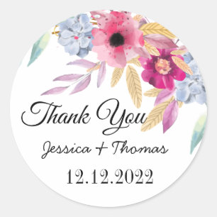 Sticker Rond Aquarelle Peony Flowers Merci Wedding Favoriser