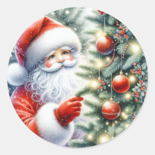 Sticker Rond Aquarelle Père Noël Décore l'arbre de Noël