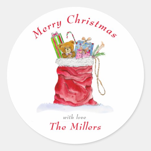 Sticker Rond Aquarelle Père Noël Sac cadeau Noël (Devant)
