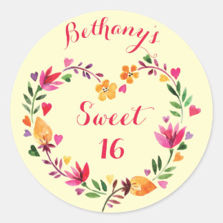 Sticker Rond Aquarelle personnalisée Floral Sweet 16