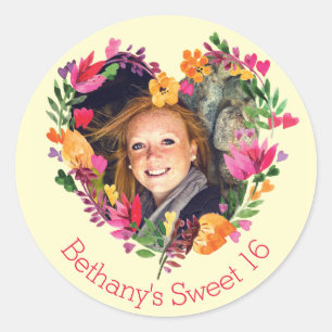 Sticker Rond Aquarelle personnalisée Floral Sweet 16 Photo