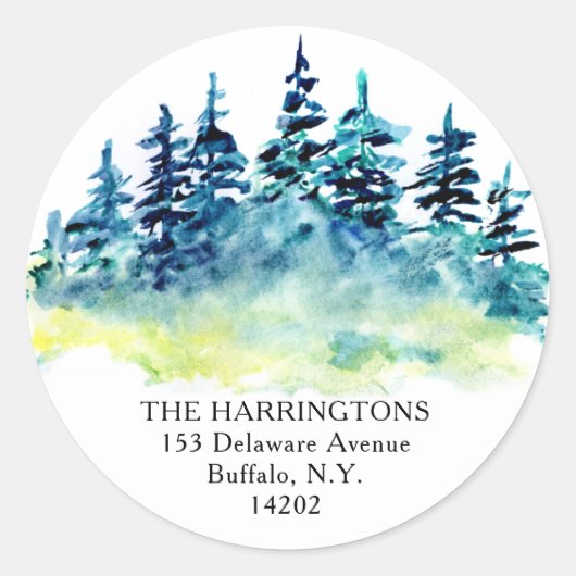 Sticker Rond Aquarelle Pine Arbres Dessin À La Main Adresse De  (Devant)