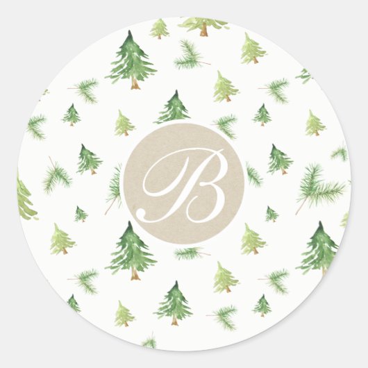 Sticker Rond Aquarelle Pine Arbres Monogramme Première fête Fav (Devant)