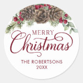 Sticker Rond Aquarelle Pine Cone Script Joyeux Noël (Devant)
