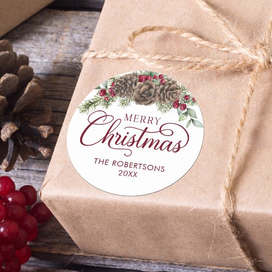 Sticker Rond Aquarelle Pine Cone Script Joyeux Noël