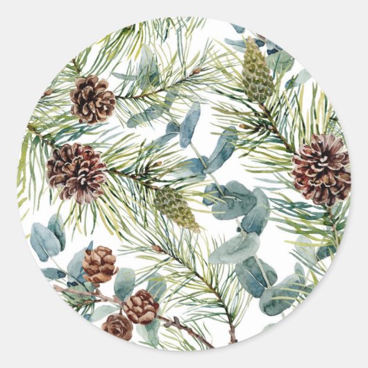 Sticker Rond Aquarelle Pine et Pine Cônes Motif Noël (Devant)