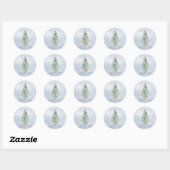 Sticker Rond Aquarelle Pine Tree Joyeux Noël Bleu Bokeh (Feuille)