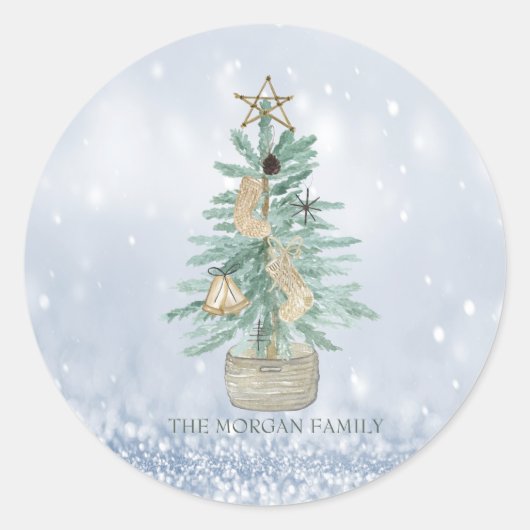 Sticker Rond Aquarelle Pine Tree Joyeux Noël Bleu Bokeh (Devant)