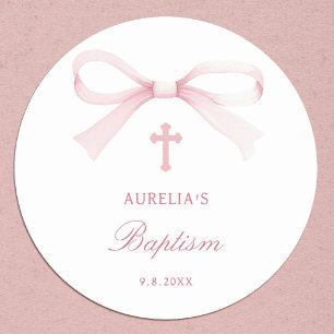 Sticker Rond Aquarelle Pink Bow Baptism