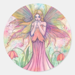 Sticker Rond Aquarelle PInk Fleur sauvage Fairy Imaginaire Art