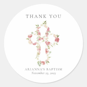 Sticker Rond Aquarelle Pink Floral Cross Baptism Classic Roun