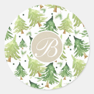Sticker Rond Aquarelle Pins Moderne Monogramme Kraft Rustique