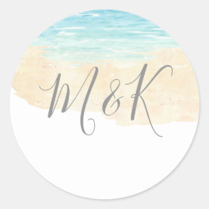 Sticker Rond Aquarelle Plage Mariage initiales Nom Faveurs