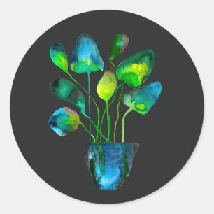 Sticker Rond Aquarelle plante art vert et bleu abstrait