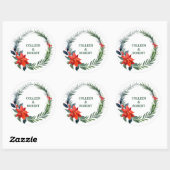 Sticker Rond Aquarelle Poinsettia Fleur Rouge Berries Mariage (Feuille)