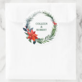Sticker Rond Aquarelle Poinsettia Fleur Rouge Berries Mariage (Sac)