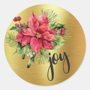 Sticker Rond Aquarelle Poinsettia - Joy - Gold Foil Arrière - p