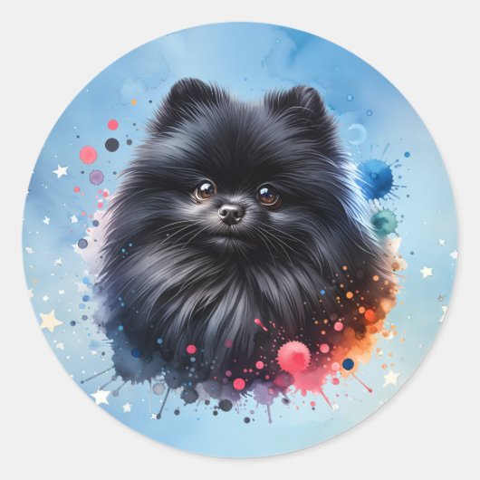 Sticker Rond Aquarelle poméranienne noire (Devant)