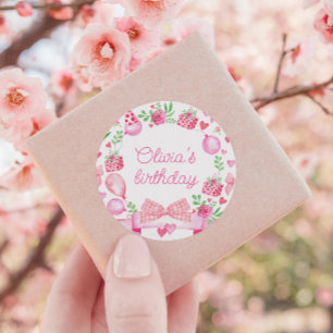 Sticker Rond Aquarelle Preppy Bow rose Coquette fille Anniversa