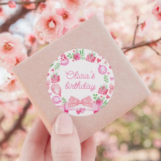 Sticker Rond Aquarelle Preppy Bow rose Coquette fille Anniversa