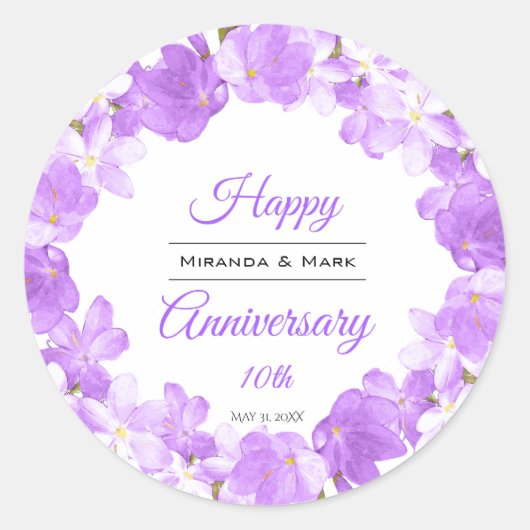 Sticker Rond Aquarelle Purple Floral Anniversaire (Devant)