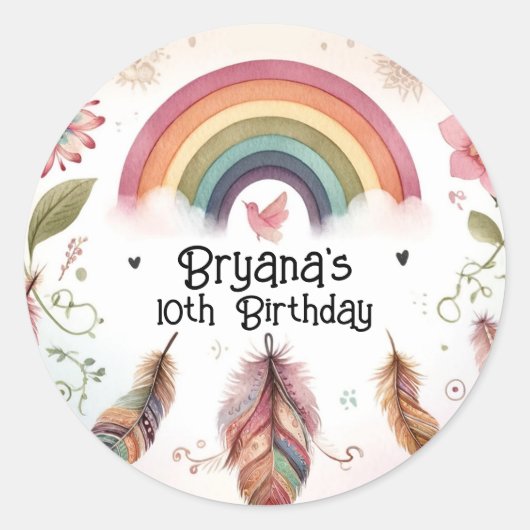 Sticker Rond Aquarelle Rainbow Bird & Feathers Boho Birthday (Devant)