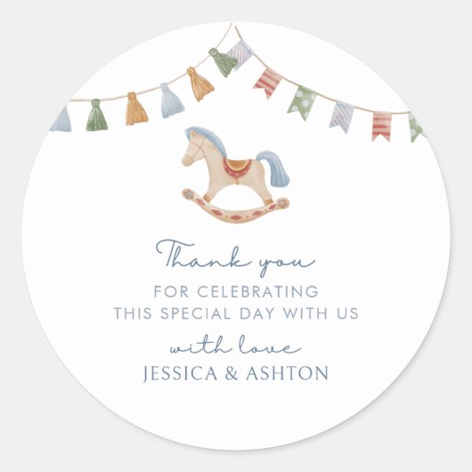 Sticker Rond Aquarelle Rocking Horese, Baby shower (Devant)