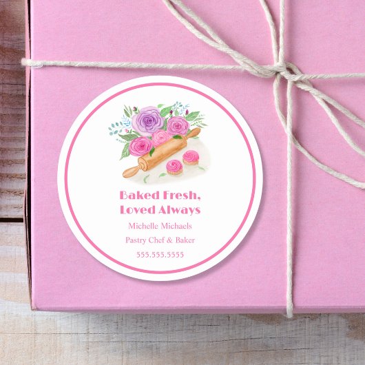 Sticker Rond Aquarelle Rolling Pin Rose Pâtisserie Chef Baker