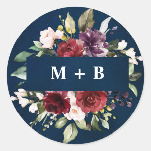 Sticker Rond Aquarelle romantique bordeaux rouge marine floral