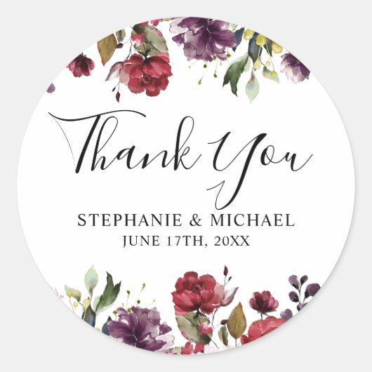 Sticker Rond Aquarelle romantique Bourgogne Rouge Blush Rose Fl (Devant)