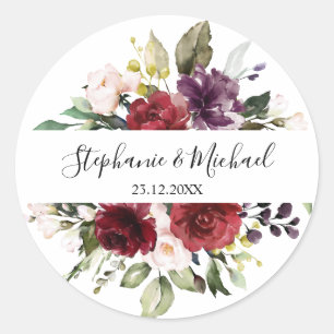 Sticker Rond Aquarelle romantique Bourgogne Rouge Blush Rose Fl