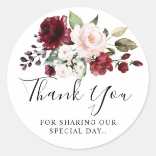 Sticker Rond Aquarelle romantique Bourgogne Rouge Blush Rose Fl