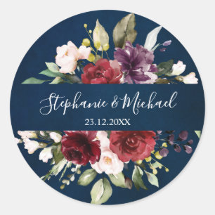 Sticker Rond Aquarelle romantique Bourgogne Rouge Marine Floral